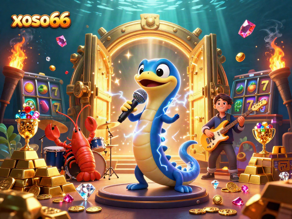 xoso66 features a vibrant underwater casino scene with an electric eel DJ and a dynamic band, packed with themed elements.
