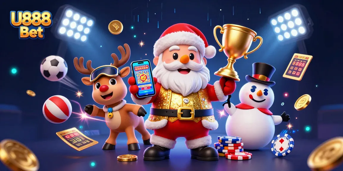 Experience the excitement of U888 Bet with Santa and friends in a vibrant casino scene.