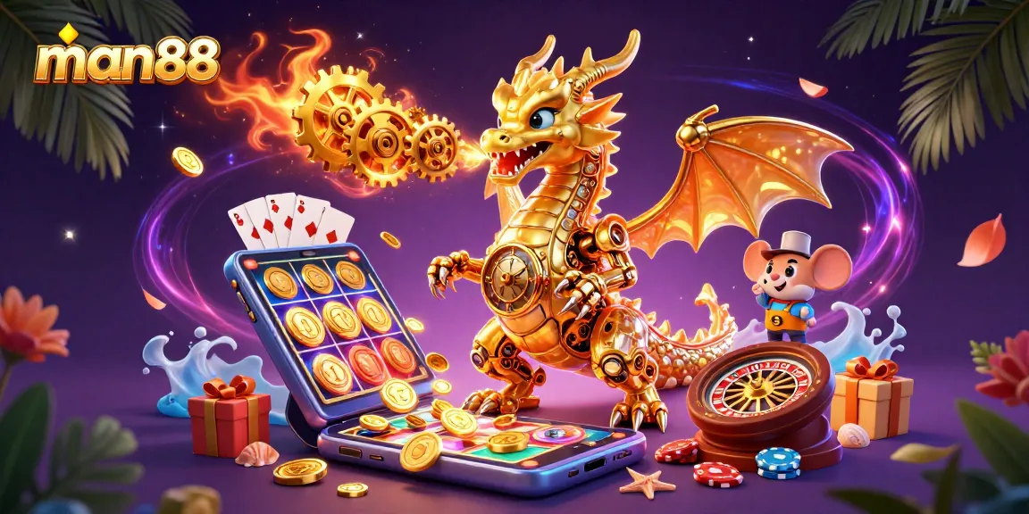 Experience thrilling wins with man88 as a golden dragon unleashes gears in a vibrant casino.