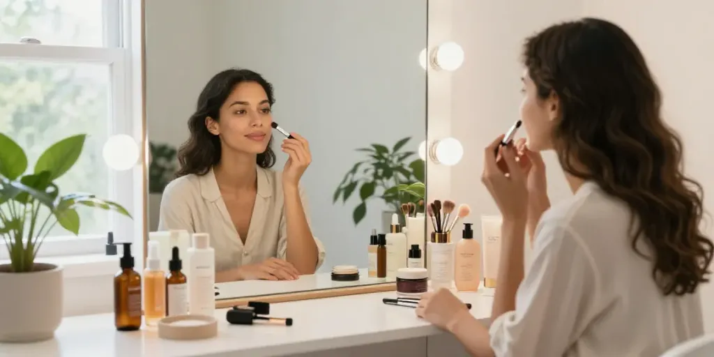 Woman using beauty products in a sunlit studio, exemplifying how to write beauty product descriptions with AI.