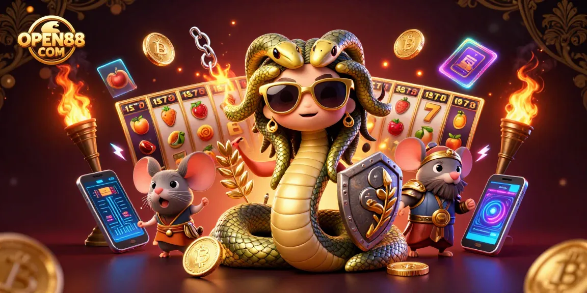 Play and win big at OPEN88 COM with a playful Medusa and a warrior mouse in a vibrant casino scene.