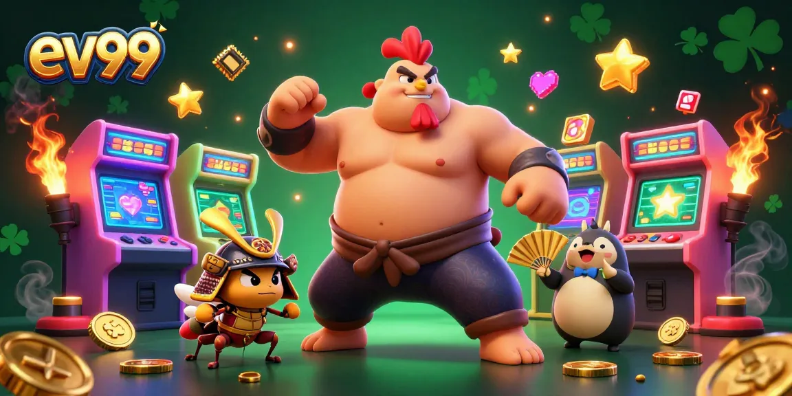 Watch the ev99 sumo wrestler rooster stomp amidst colorful arcade machines in a vibrant casino scene.