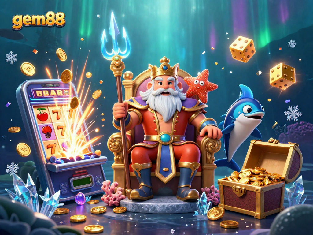 Experience gem88's vibrant casino scene with Neptune, slot machines, and golden treasures