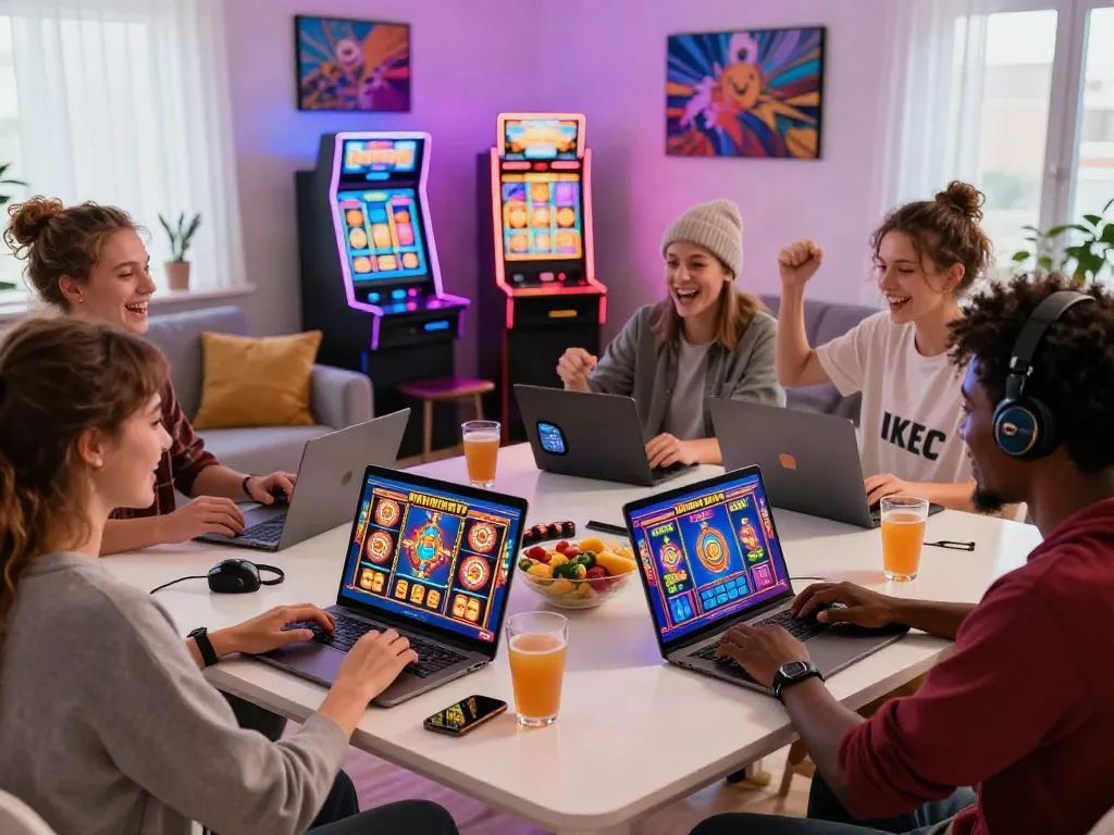 Group enjoying slot maxwin games on laptops and smartphones in a vibrant home environment.