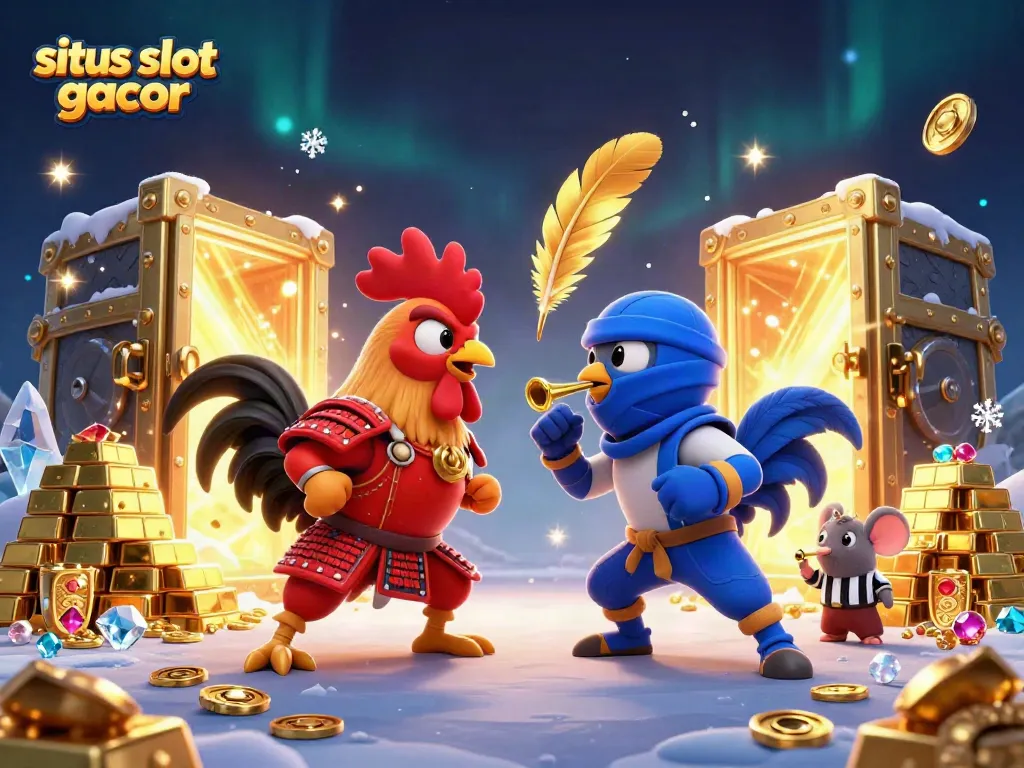 Memenangkan jackpot di situs slot gacor yang penuh dengan karakter ayam bertarung yang dramatis dan kekayaan berkilau.