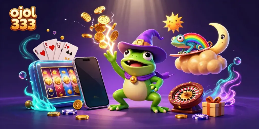 Experience the magic of ojol 333 with a wizard frog and chameleon in a vibrant casino scene.