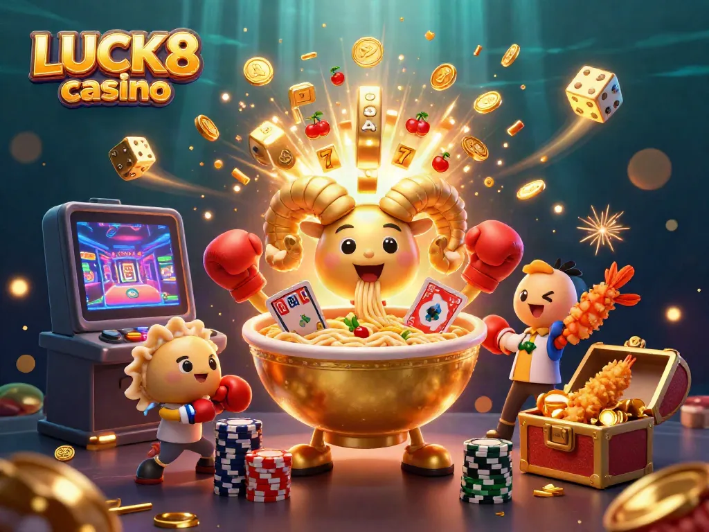 Experience the vibrant world of LUCK8 casino with a 3D golden ramen bowl dealer amidst a jackpot celebration.