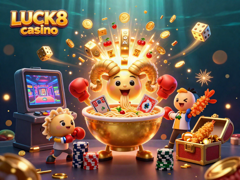 Experience the vibrant world of LUCK8 casino with a 3D golden ramen bowl dealer amidst a jackpot celebration.