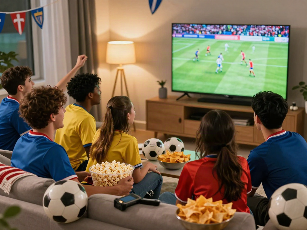 Nonton bola gratis dengan teman-teman di ruang tamu yang nyaman, ceria dan penuh semangat.