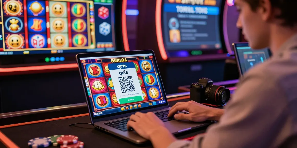 Engaged player using slot qris for online gambling transaction in vibrant casino.