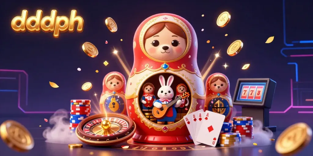 Win big at dddph with vibrant casino-themed characters surrounded by golden coins and jackpots.