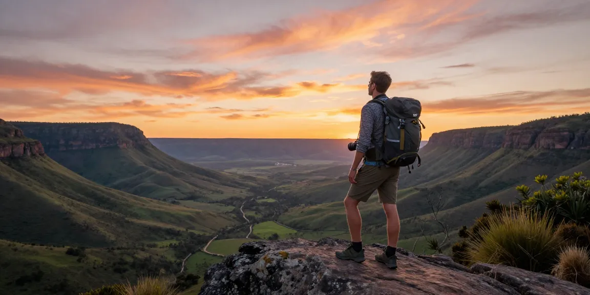 Magaliesburg Accommodation with traveler enjoying scenic views of the mountains.