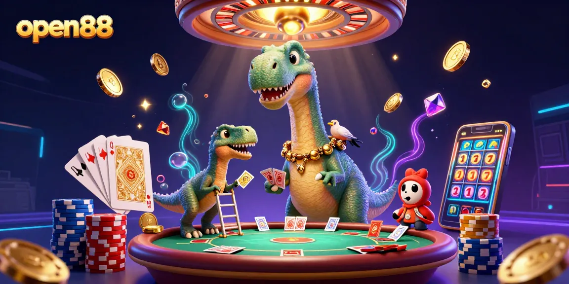 Experience open88 in a vibrant casino scene with a giant brontosaurus and dynamic games