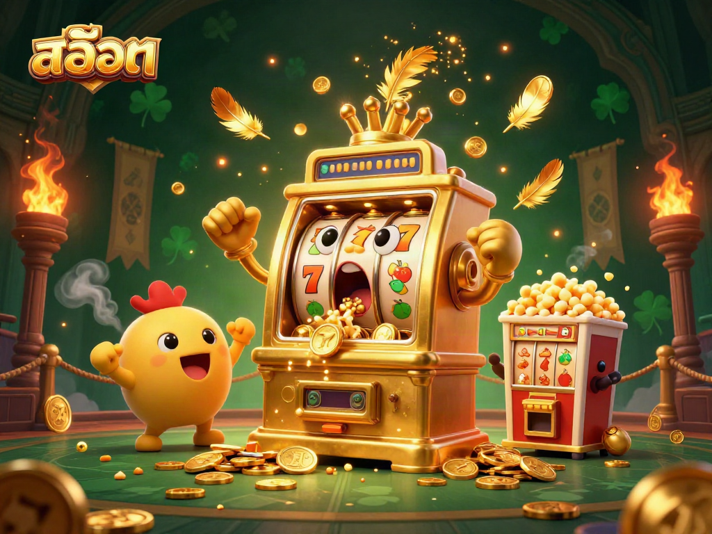 Experience the excitement with สล็อต as a colorful slot machine hits a jackpot, surrounded by cheering machines.