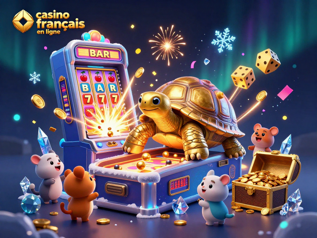 Découvrez les jeux du casino français en ligne avec cette illustration captivante animée par des tortues dorées et des machines à sous.