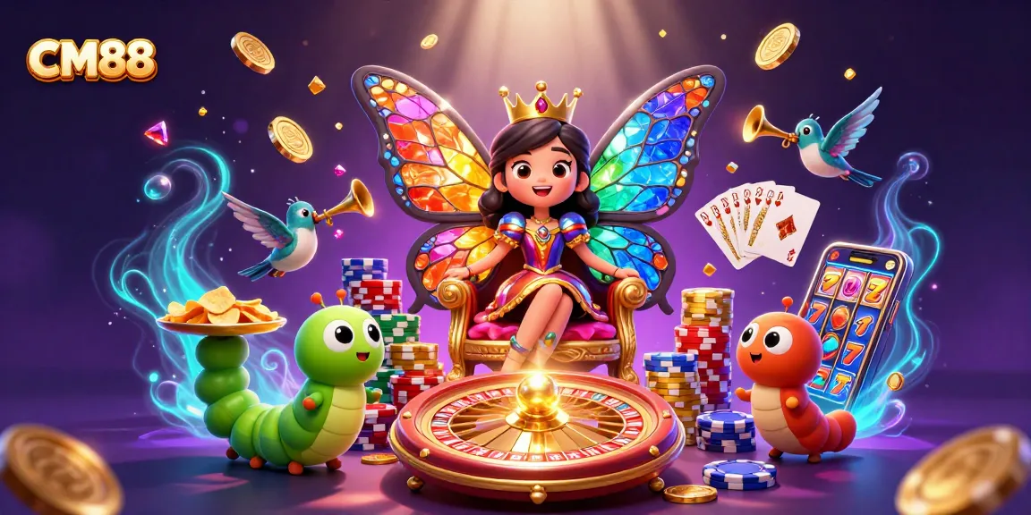 Experience CM88’s vibrant gaming scene with a butterfly queen and dynamic casino elements.
