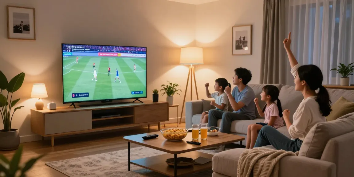 Family enjoying American IPTV streaming services in a cozy living room, watching live sports together.