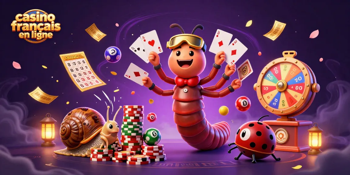 Texte lumineux sur le thème casino français en ligne avec des personnages animés autour des jeux de cartes.