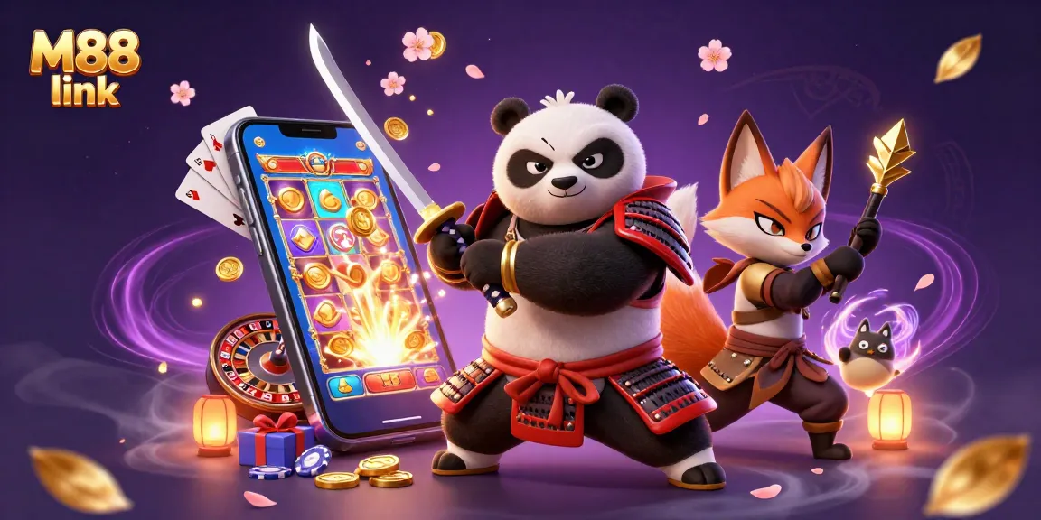 Engage with exciting moments at M88 link, showcasing a ninja fox, samurai panda, and mystical elements in gaming.
