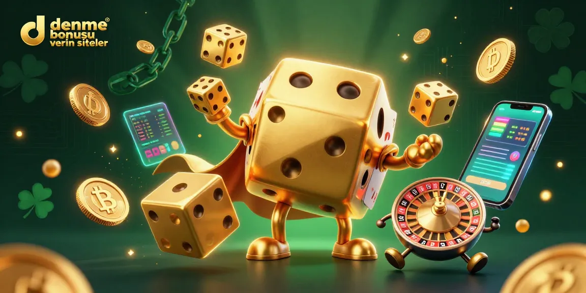 Experience the excitement of deneme bonusu veren siteler through a vibrant 3D illustration showcasing a playful dice golem and casino elements.
