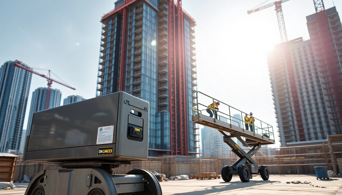 Operating a genie lift in a construction site, showcasing safety and height versatility.