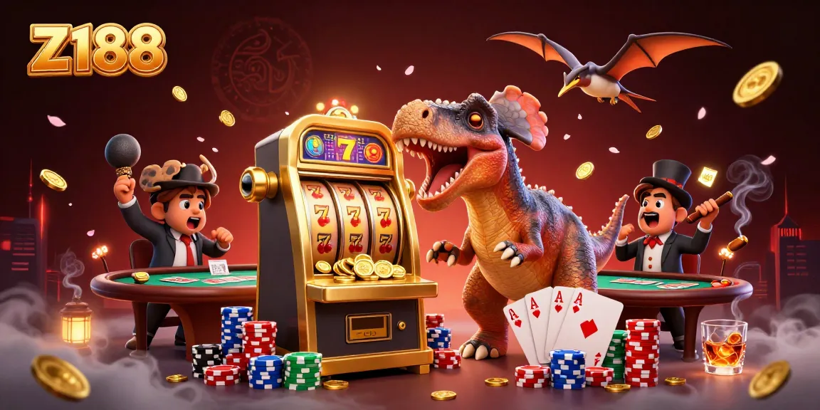 Experience the thrill of Z188 as a pachycephalosaurus hits a slot machine, unleashing jackpot coins.