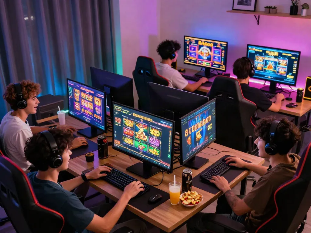 Diverse players enjoying slot gacor games in a cozy gaming atmosphere with vibrant lighting and engaging gameplay.