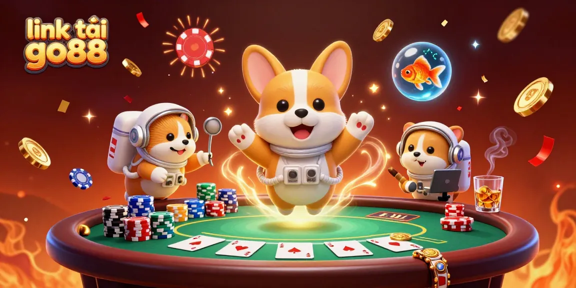 Engage with the universe of excitement through link tải go88 amidst floating poker chips and fun characters in a space casino.