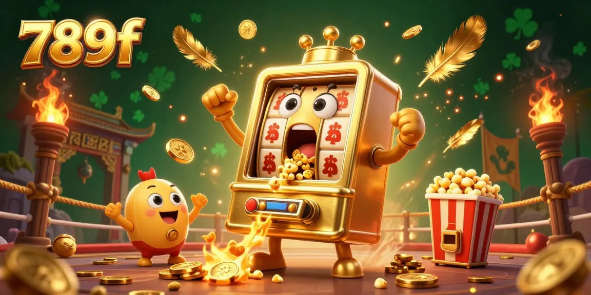 Engage with the vibrant 789f slot experience as animated slot machines celebrate a jackpot with flying coins and golden elements.