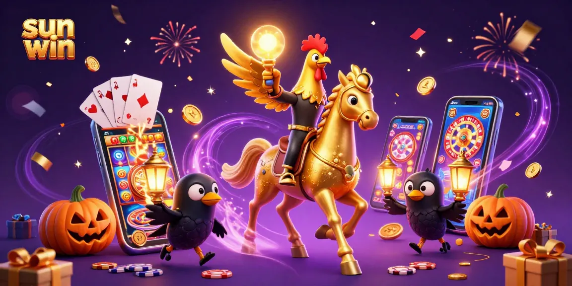 Experience the vibrant action of sun win with a golden rooster navigating a casino, amidst exciting slot games and dynamic gaming elements.