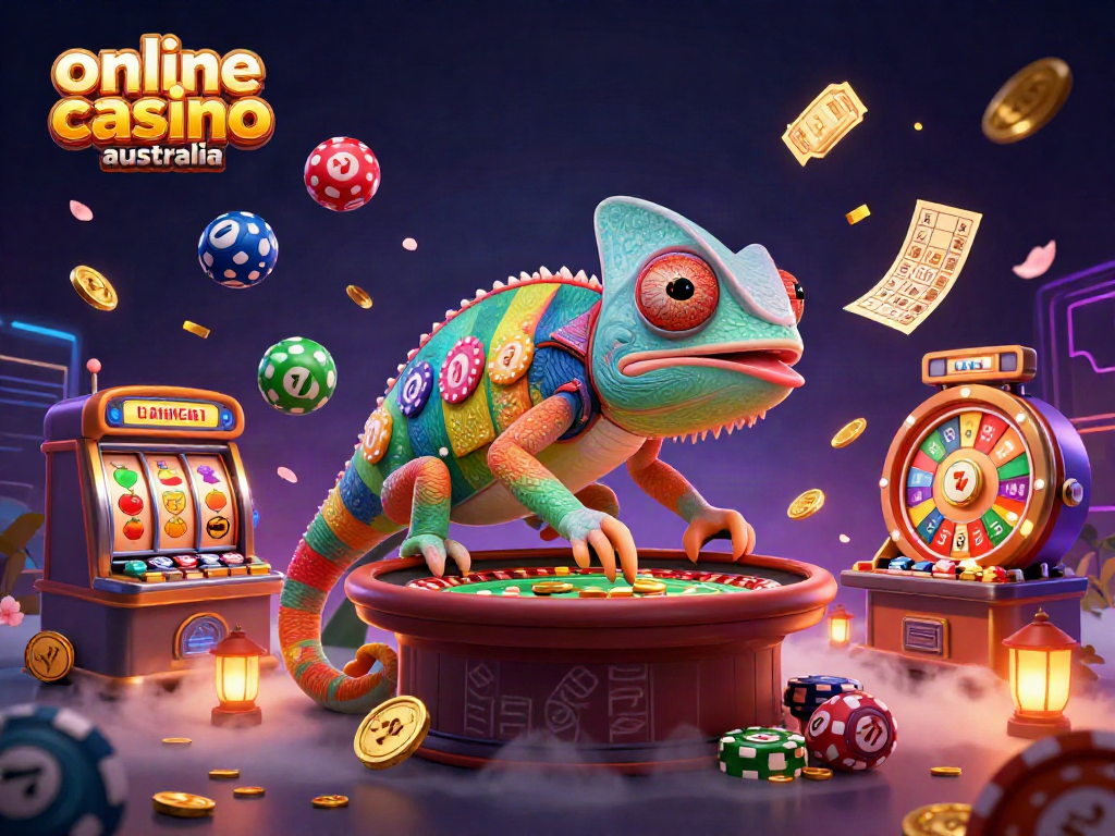 Engaging online casino australia scene featuring a vibrant chameleon owner and dynamic game elements.