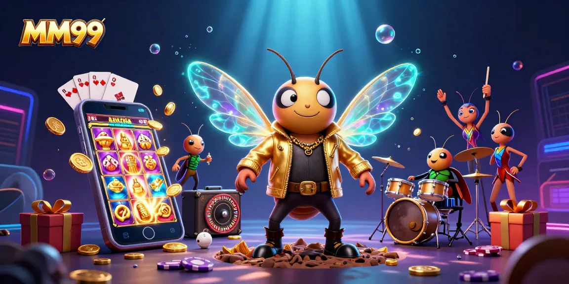 Experience thrilling gaming with MM99 in this vibrant 3D casino scene featuring vibrant slot games.