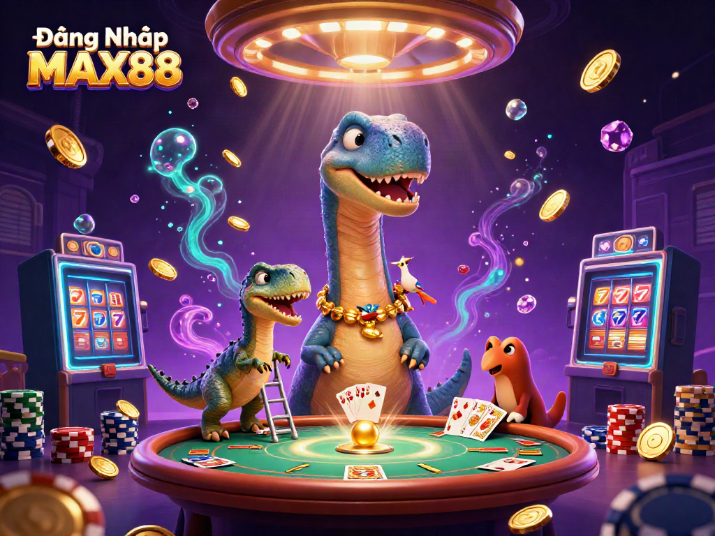 Play thrilling casino games at Đăng Nhập MAX88 with a colorful casino scene featuring a towering brontosaurus and card-dealing raptor.