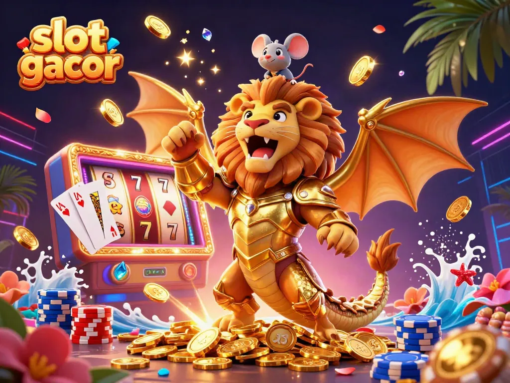 Experience the thrill of slot gacor with a dynamic 3D scene featuring lucky wins and colorful casino elements.