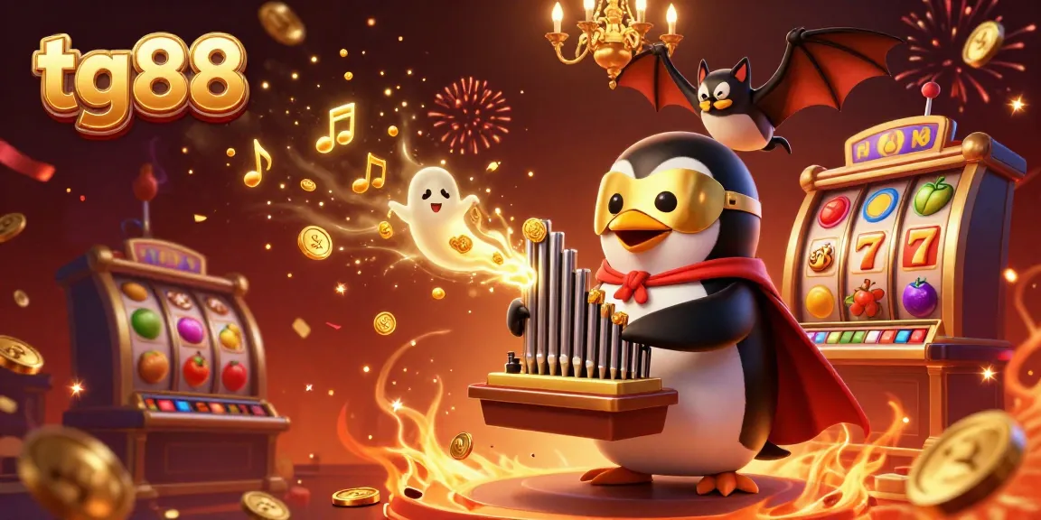 Experience the excitement of tg88 with a vibrant 3D scene featuring a casino penguin and golden coins.