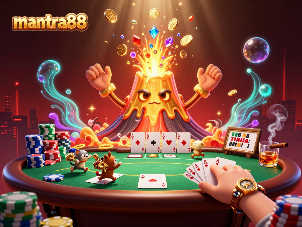 Experience the thrilling mantra88 poker action with a victorious volcanic eruption of coins, vibrant casino elements, and dynamic energy.