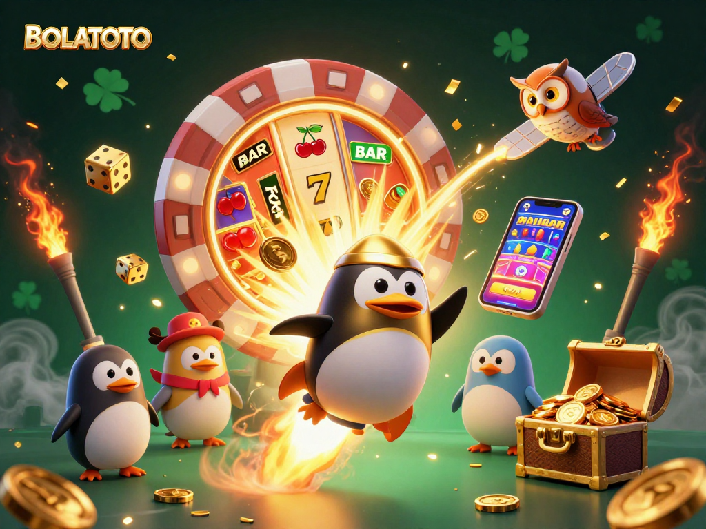 BOLATOTO features a golden penguin flying towards a colossal casino space station with slot machine jackpots exploding.