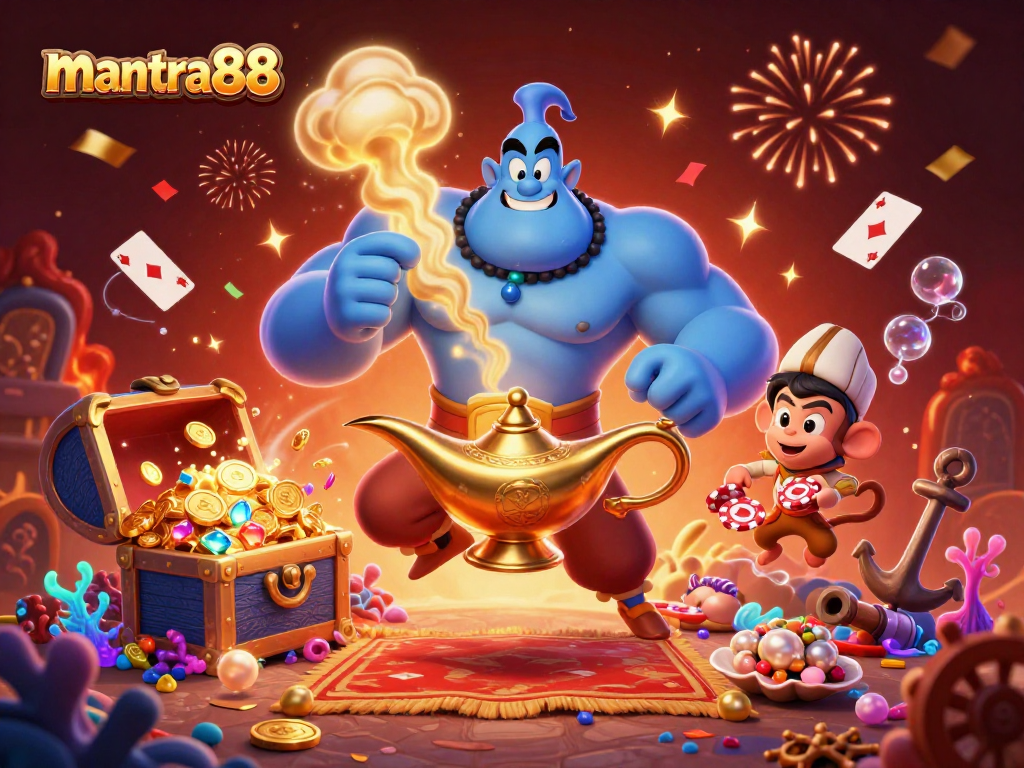 Experience the magic of mantra88 with a vibrant casino illustration showcasing dynamic characters and gaming elements.