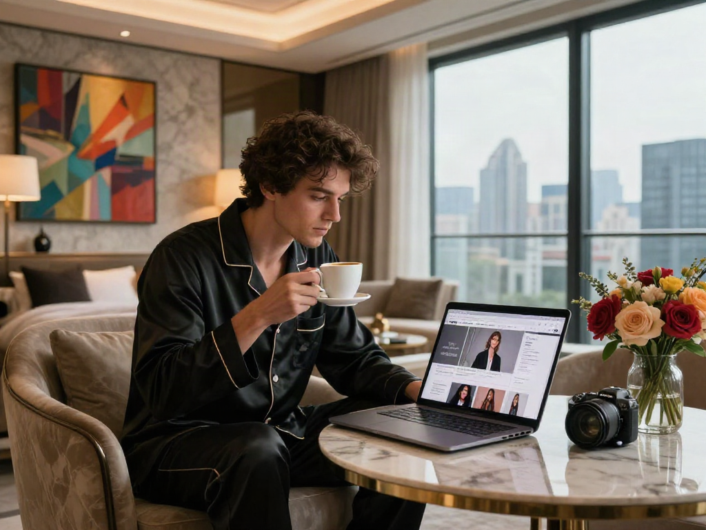 LUXURY111 gaya hidup mewah di penthouse urban modern dengan individu menikmati kopi premium.