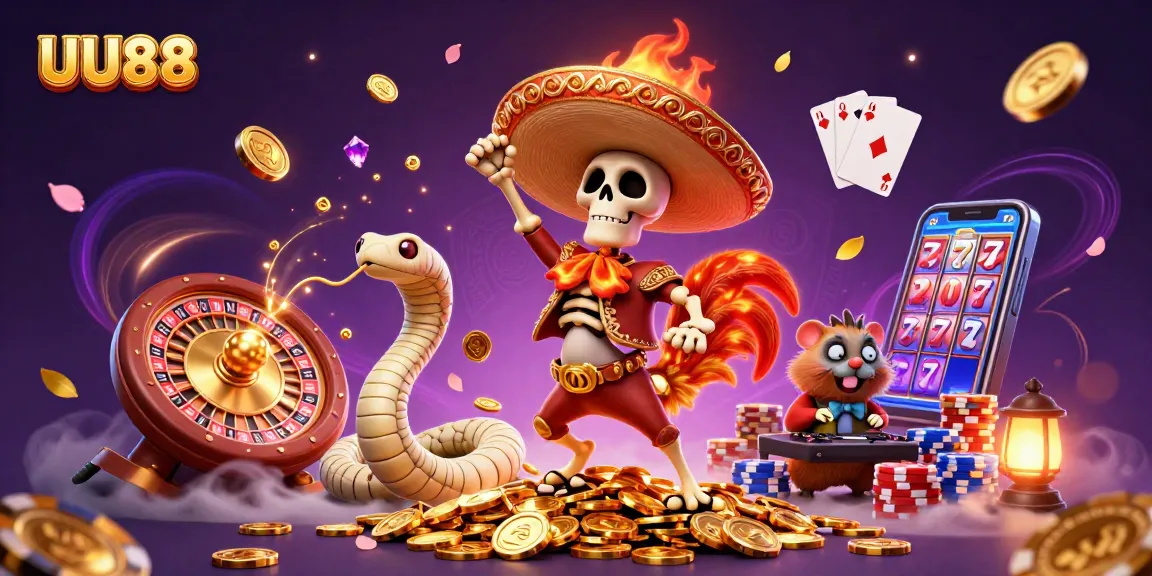 UU88 brings excitement as a mariachi rooster dances amid dazzling gambling elements.