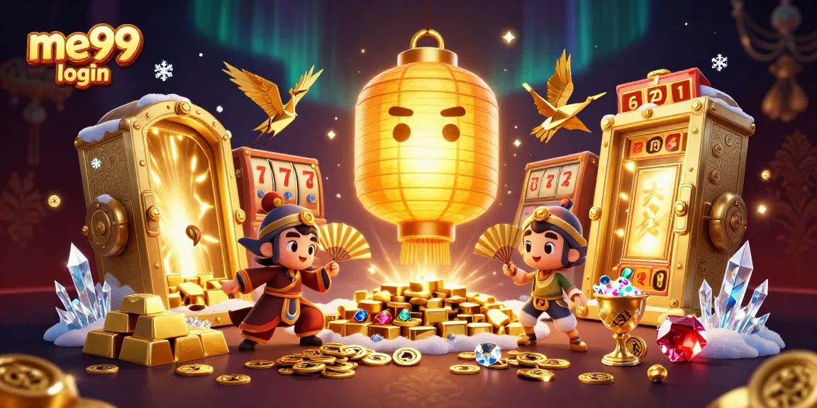Experience the me99 login excitement with 3D cartoon spirits and golden treasures in this vibrant casino scene.