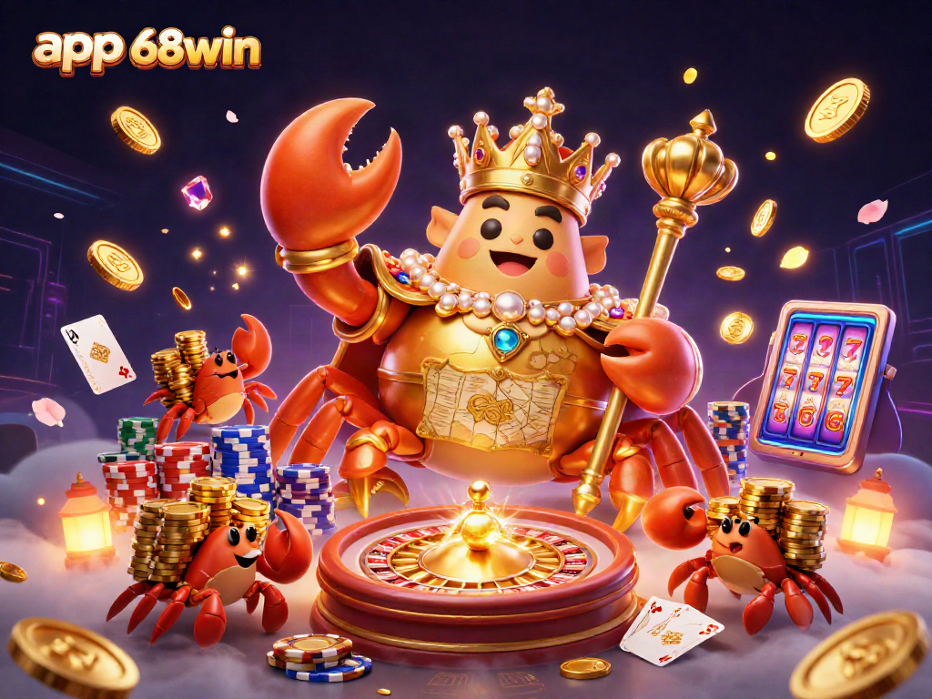Win big with the app 68win in this vibrant, enchanting casino scene featuring a golden crab emperor.