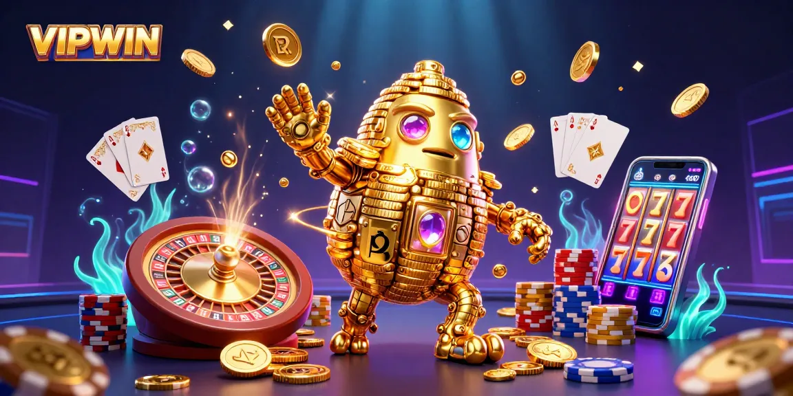Engage in thrilling adventures at VIPWIN featuring a dynamic golem made of golden coins, captivating casino elements.
