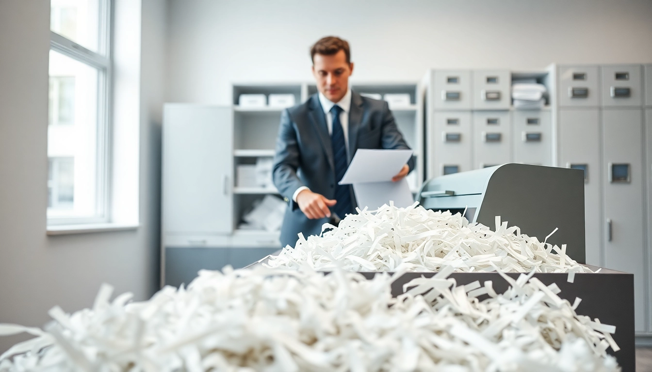 Secure Medical record shredding Cleveland OH service with a technician operating a shredder in a modern office.
