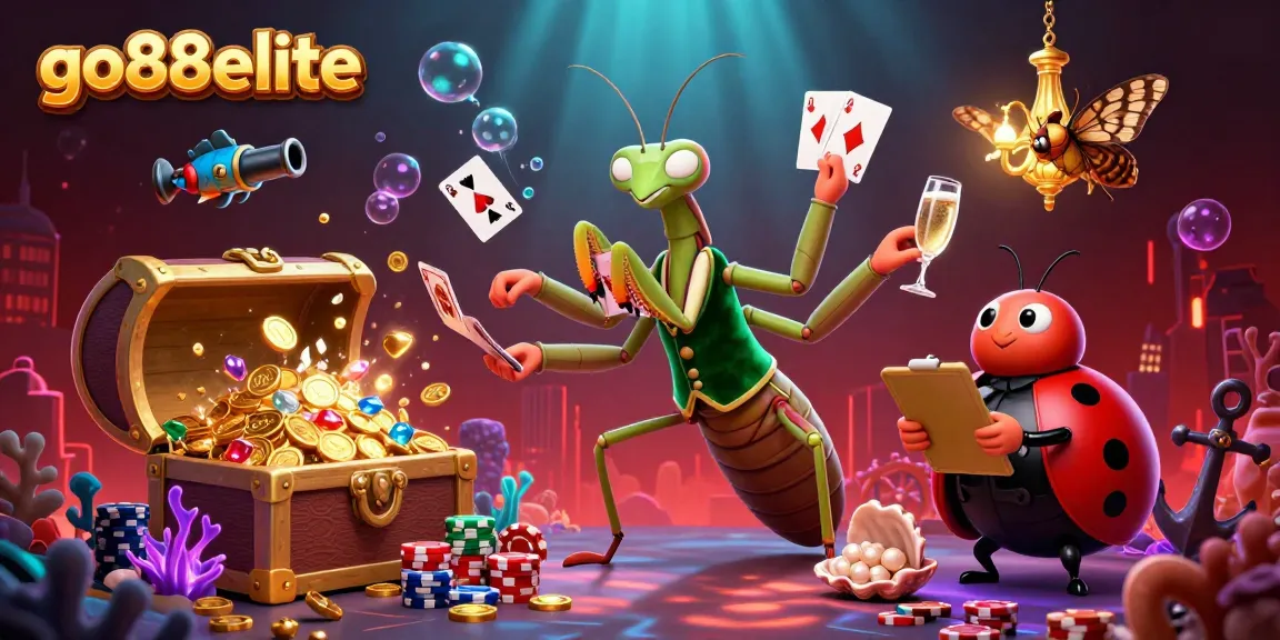 Experience the vibrant gaming world of go88elite with a dynamic illustration featuring a giant praying mantis and ladybug pit boss among underwater treasures.