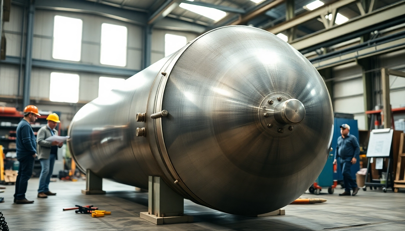 Engineers collaborating on Pressure Vessel Design with a large cylindrical vessel in a workshop setting.