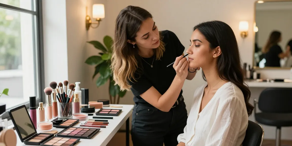 Trucco personalizzato applicato da un'artista make-up su una cliente in uno studio elegante.