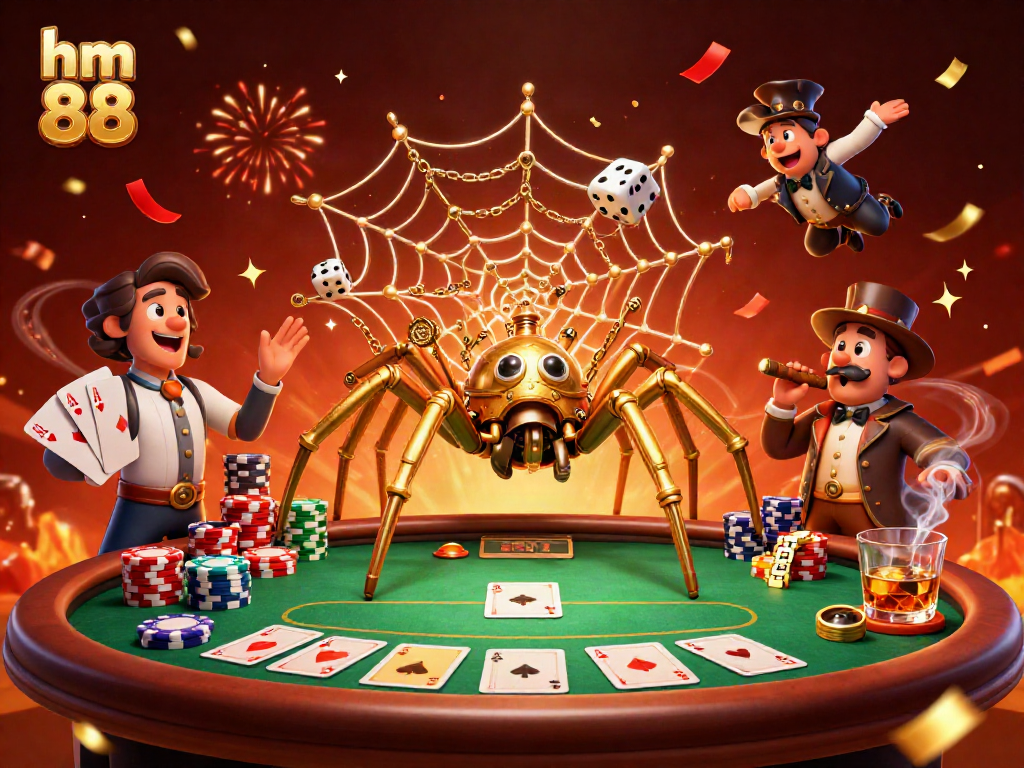Experience the excitement of hm 88 with a dynamic casino-themed illustration featuring a golden spider and poker elements.