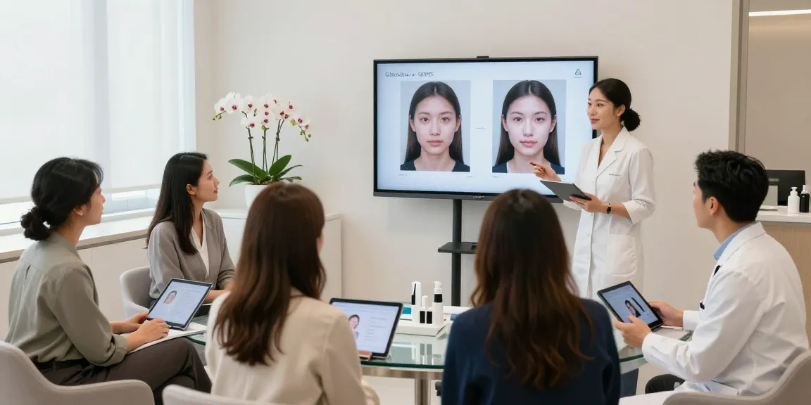Visual representation of ClinicEvo vs QOVES analysis consultation showcasing clients discussing personalized facial improvement plans in a modern clinic setup.