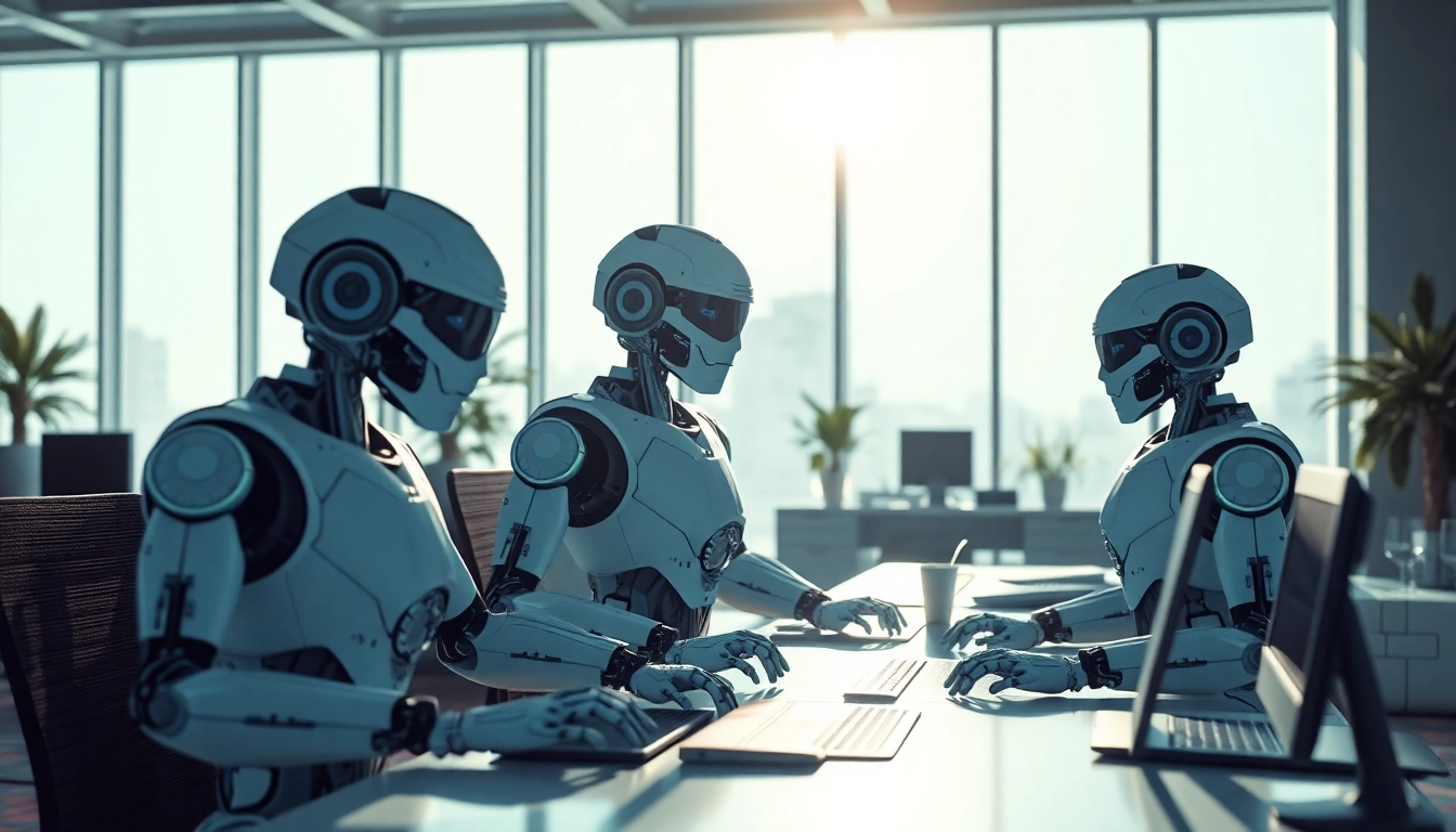 AI bots collaborating in a modern office environment with bright lighting.